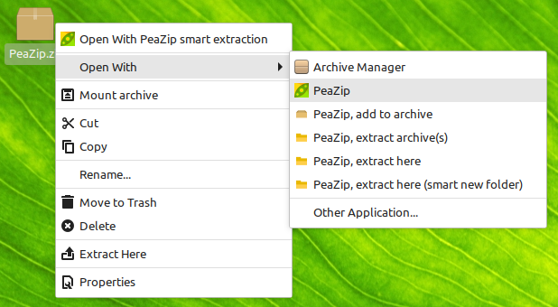 peazip on linux context menu
